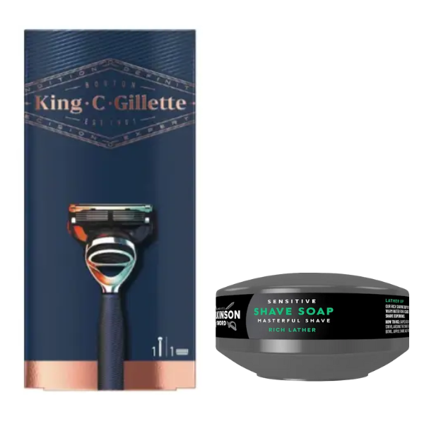 Станок для гоління з 1 картриджем Gillette King C + Мило для гоління Wilkinson Sword для чутливої шкіри 125 г, фото 1