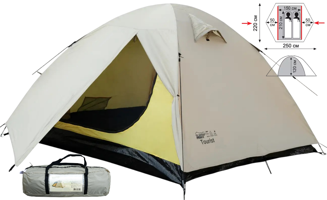 Двомісний намет Tramp Lite Tourist 2 Sand | Універсальна двошарова туристична палатка з двома тамбурами і двома входами