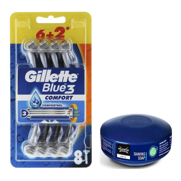 Набір одноразових станків для гоління Gillette Blue 3 Comfort Original (8 шт) + Wilkinson Essential Мило для гоління 125 г