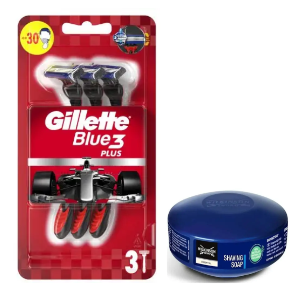 Набір одноразових станків для гоління Gillette Blue 3 Plus Red (3 шт) + Мило для гоління Wilkinson Sword для чутливої шкіри.125 г