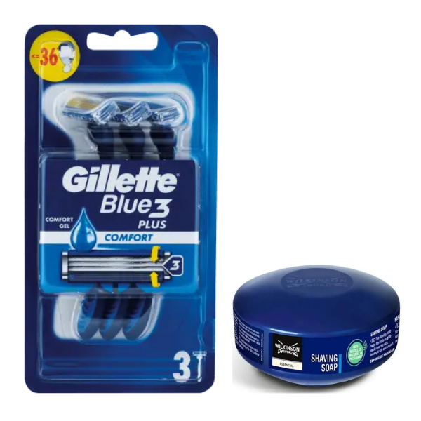Набір одноразових станків для гоління Gillette Blue 3 Plus Comfort (3 шт) + Wilkinson Essential Мило для гоління 125 г