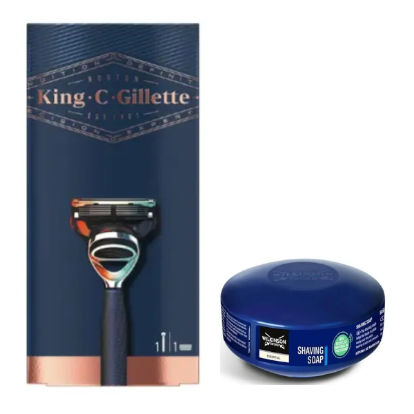 Станок для гоління з 1 картриджем Gillette King C + Wilkinson Essential Мило для гоління 125 г