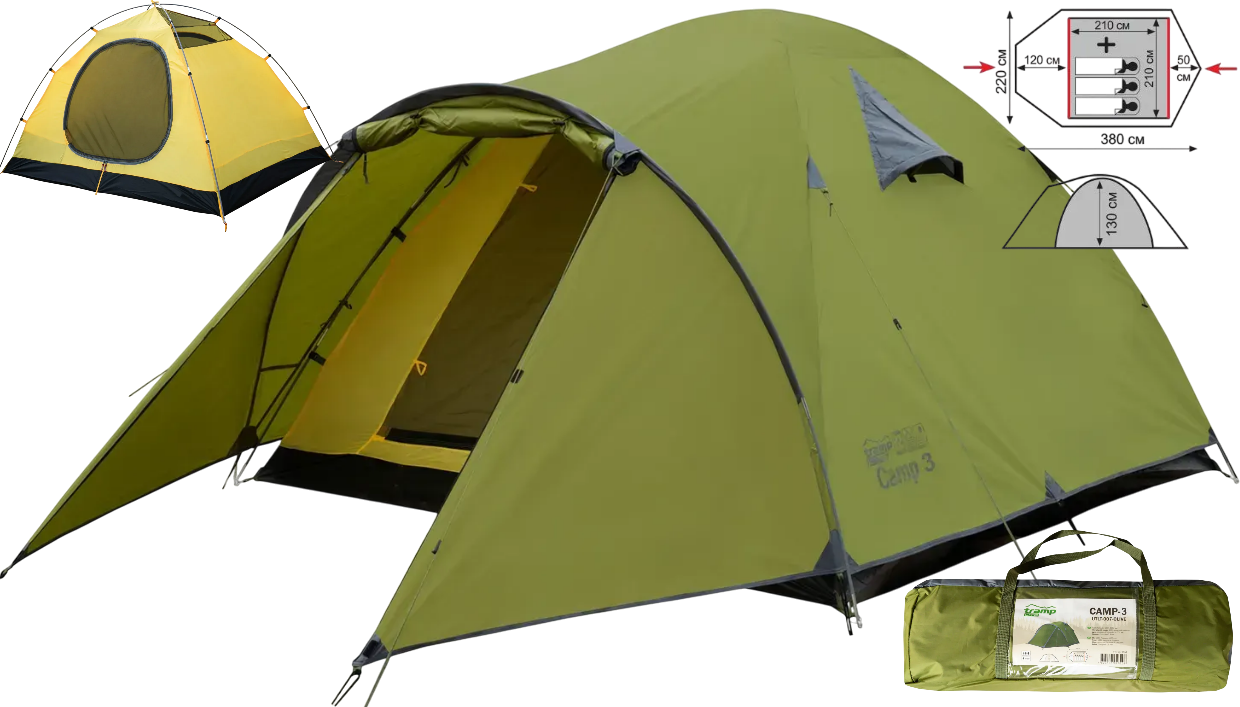 Тримісний намет Tramp Lite Camp 3 Olive | Універсальна двошарова туристична палатка з двома тамбурами і двома входами