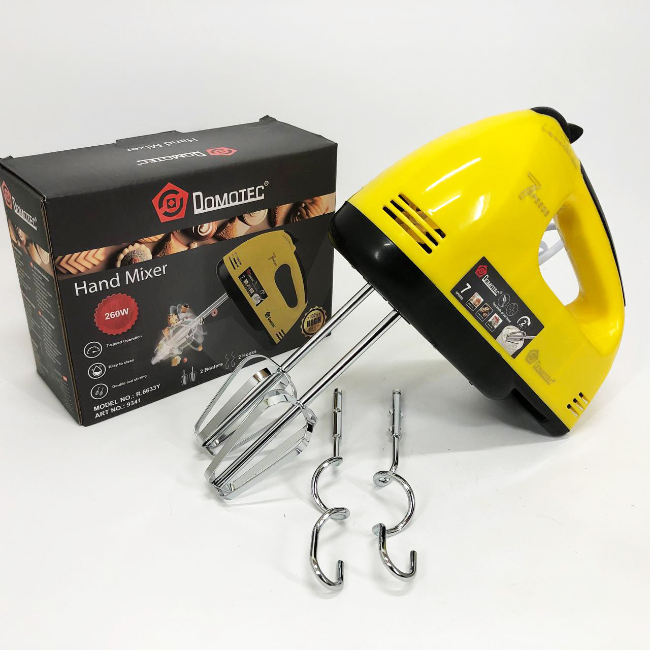 Міксер Ручний DOMOTEC R6633Y. 260 Вт, 7 Швидкостей, 2 Віночки/Гаки, Для Крему/Тіста, Жовтий, фото 1