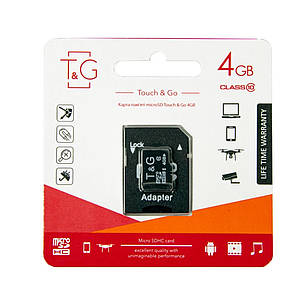 Карта пам'яті T&G microSDHC 4 GB Class 10 + адаптер, флешка мікро sd для відеореєстраторів, фото 1