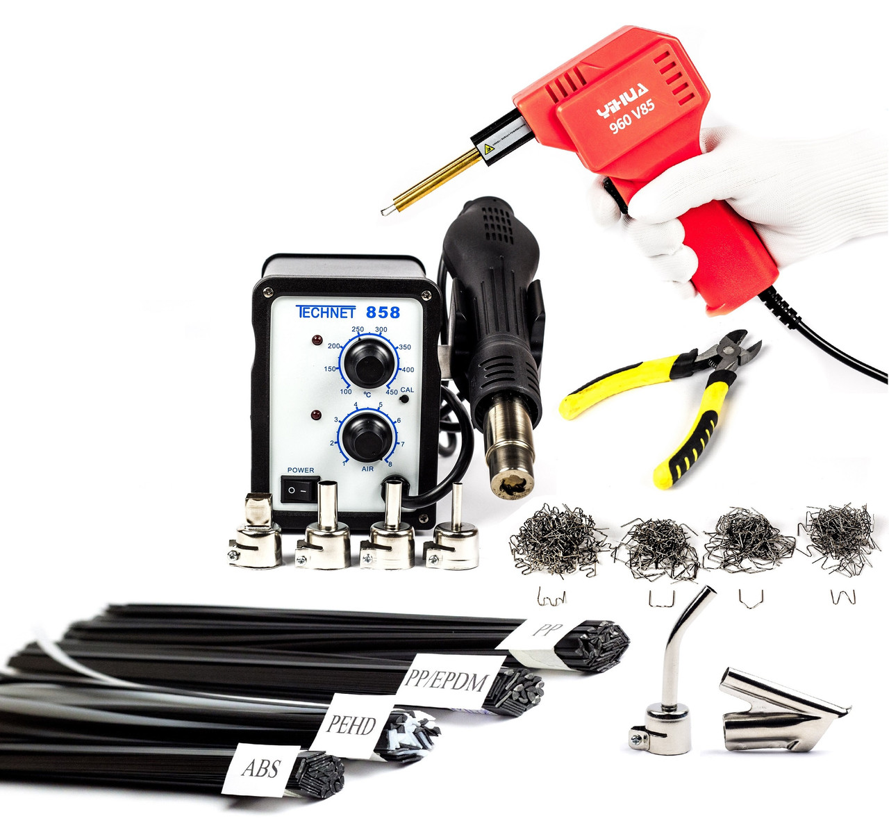 Паяльник для пластику 858 + Гарячий степлер 85 Вт., скоби, насадки, пластик, фото 1