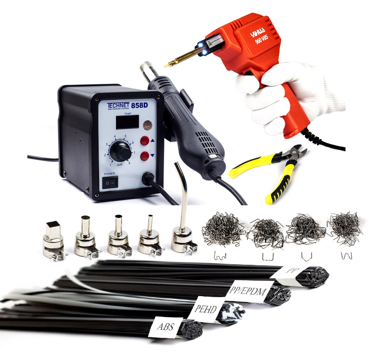 Паяльник для пластику 858D + Гарячий степлер 85 Вт., скоби, насадки, пластик, фото 1