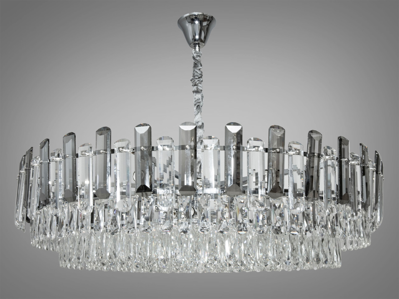 Кругла кришталева люстра на 18 ламп, золотистого кольору, фото 1