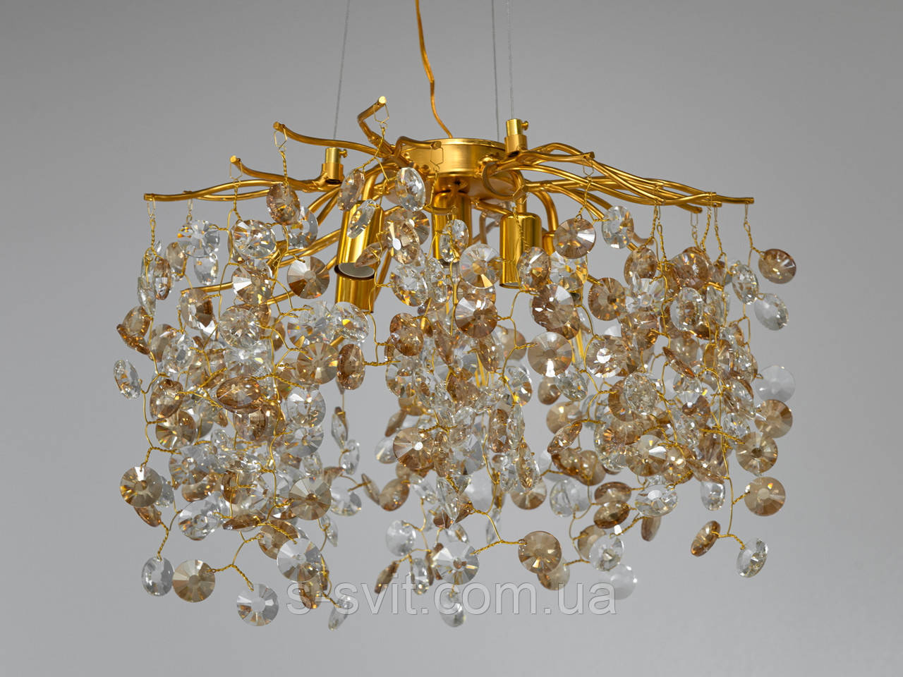 Кришталева люстра з гілочками, алюмінієвий каркас, золотиста, фото 1