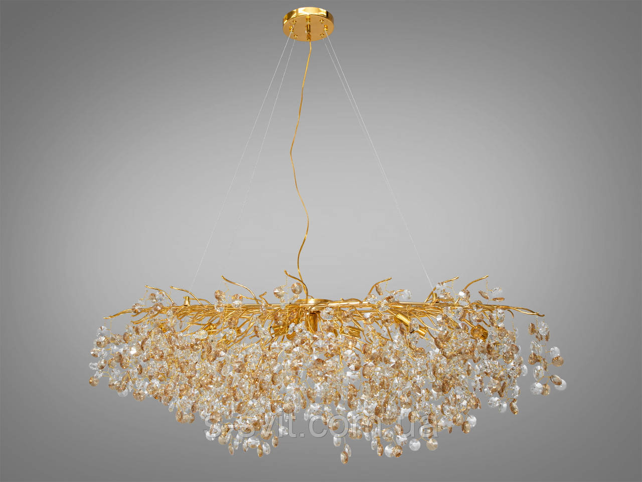 Кришталева люстра на тросах витягнутої форми, 12 ламп, золотого кольору, фото 1