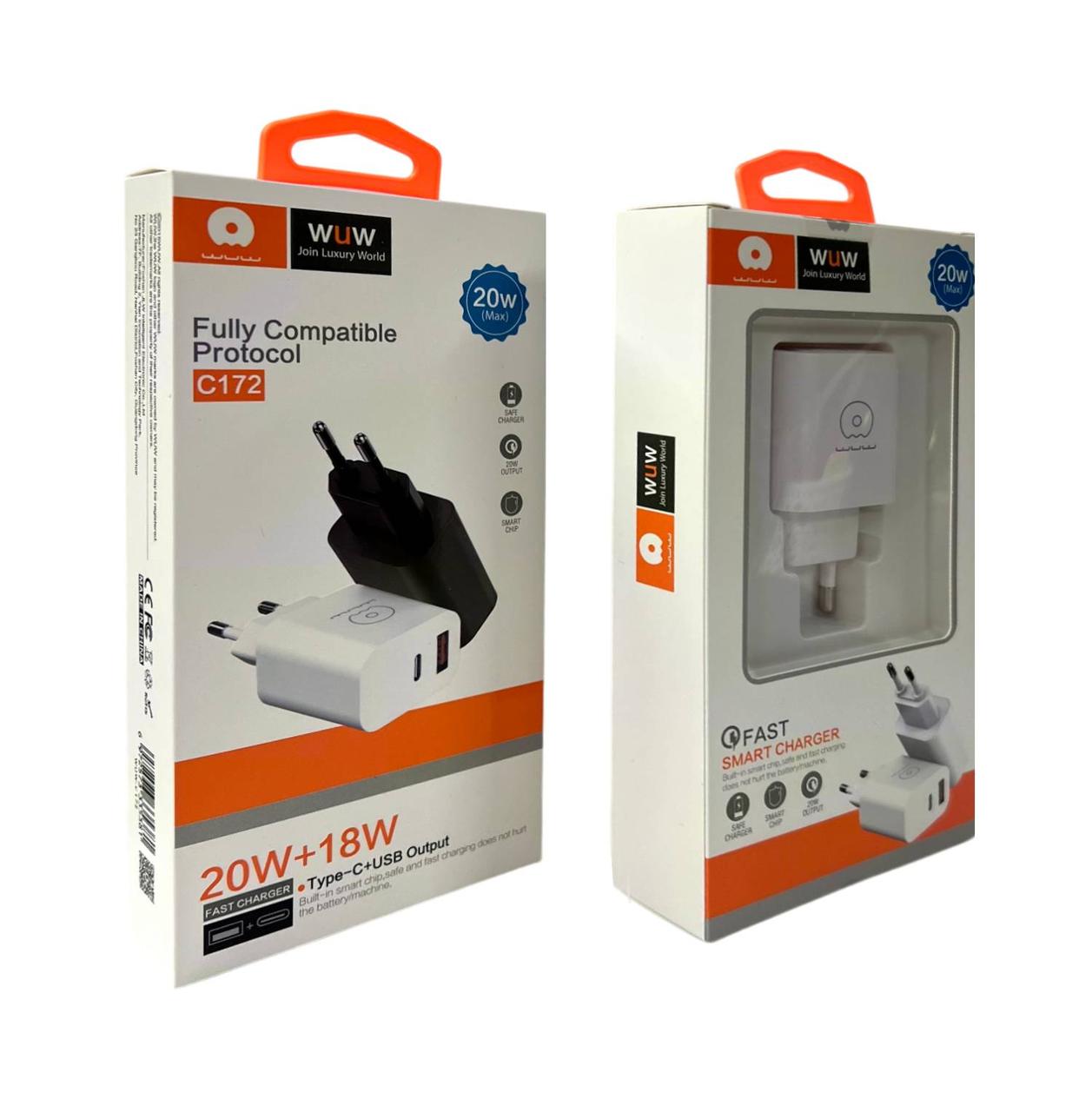 Зарядний пристрій 220В 3А 20Вт 12В USBx1 Type-Cx1 Fast Charging WUW-C172 130шт 6338, фото 1