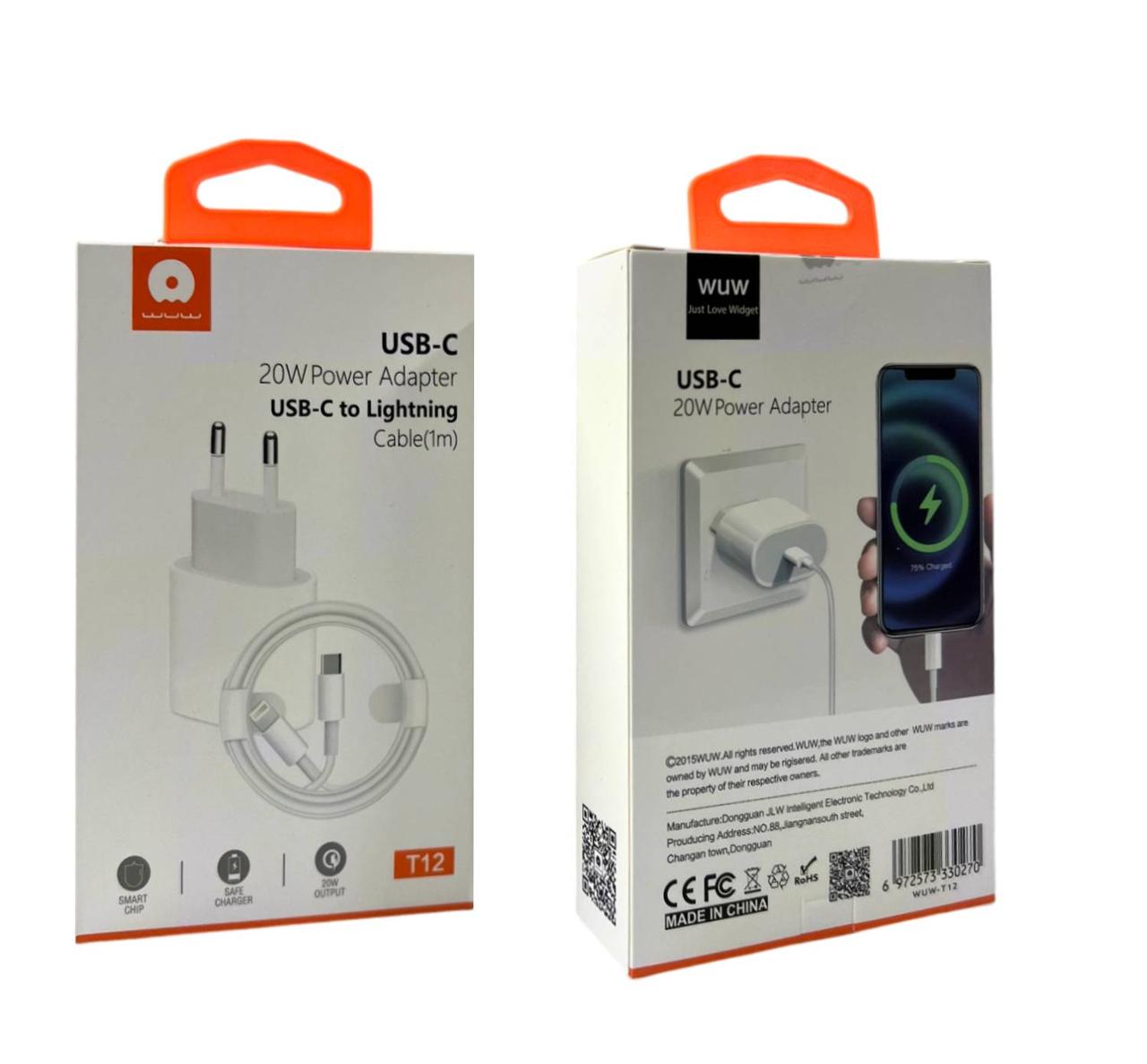 Зарядний пристрій 220В 3А 20Вт 12В Type-C з кабелем Type-C - Lightning WUW-T12 192шт 6339, фото 1