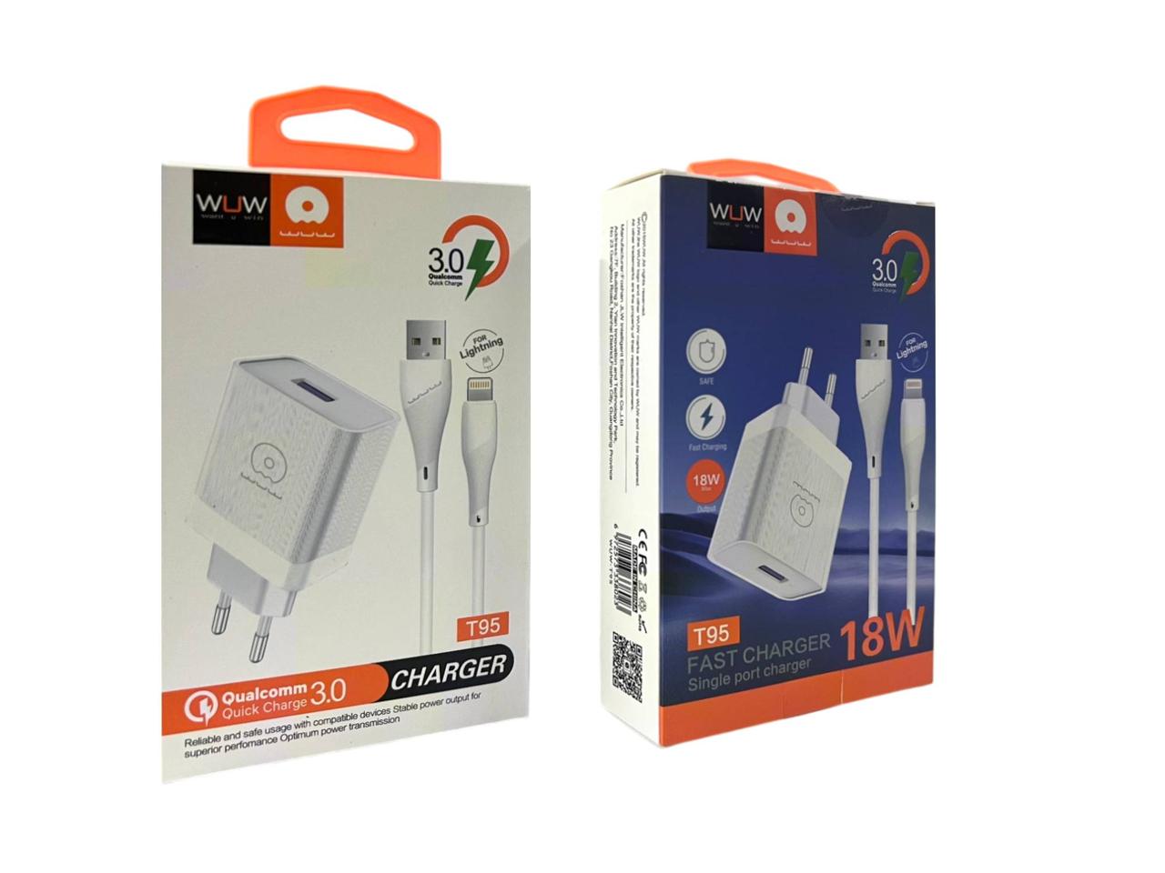 Зарядний пристрій 220В 3,0А 18Вт 12В USBx1 з кабелем USB - Lightning QC3.0 WUW-T95 192шт 6342, фото 1