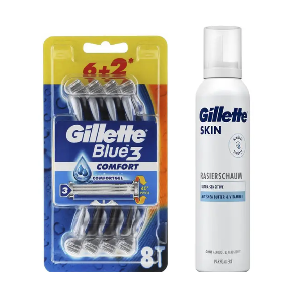 Набір одноразових станків для гоління Gillette Blue 3 Comfort Original (8 шт) + Gillette Skin Ultra Sensitive Піна для гоління