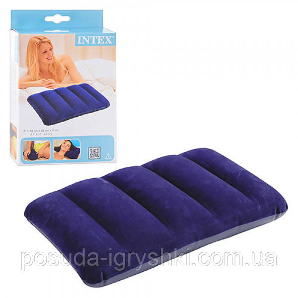 Надувна подушка 68672 Intex Travel Pillow розмір 43-28-9см, синя, флокове покриття, в коробці 14-12-4см., фото 1