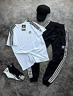 Чоловічий літній костюм Adidas білий з чорним Набір Адідас Футболка + Штани+ Кепка (B)