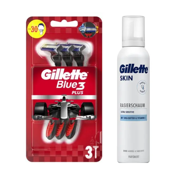 Набір одноразових станків для гоління Gillette Blue 3 Plus Red (3 шт) + Gillette Skin Ultra Sensitive Піна для гоління