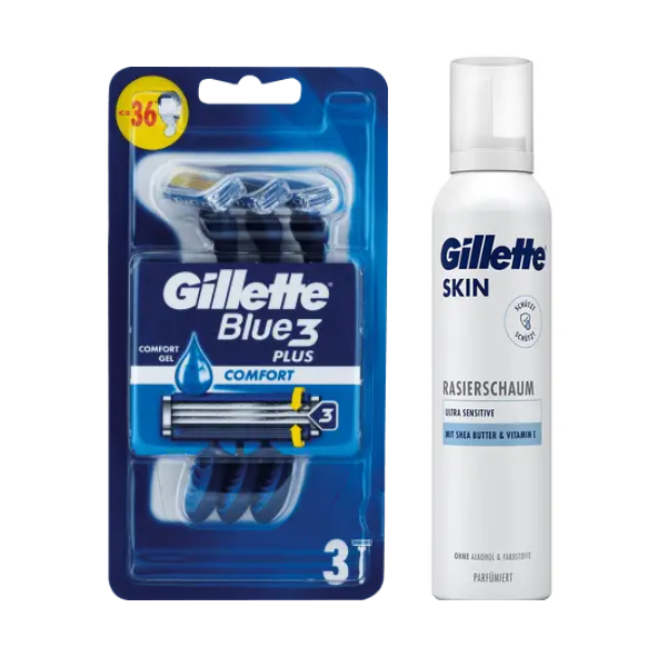 Набір одноразових станків для гоління Gillette Blue 3 Plus Comfort (3 шт) + Gillette Skin Ultra Sensitive Піна для гоління