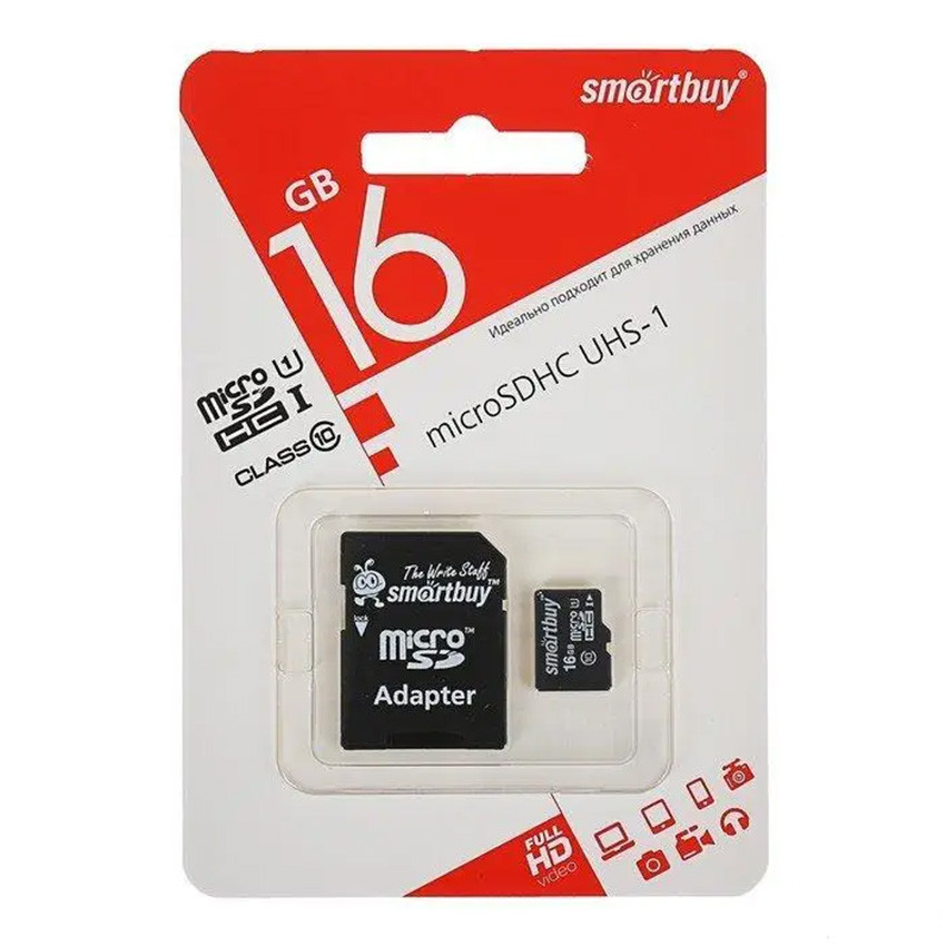 Картка пам'яті MicroSD Smartbuy 16 Gb Class 10 + адаптер перехідник для телефона, планшета, камери