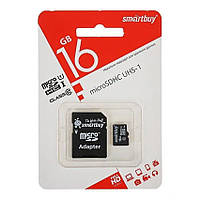 Картка пам'яті MicroSD Smartbuy 16 Gb Class 10 + адаптер перехідник для телефона, планшета, камери