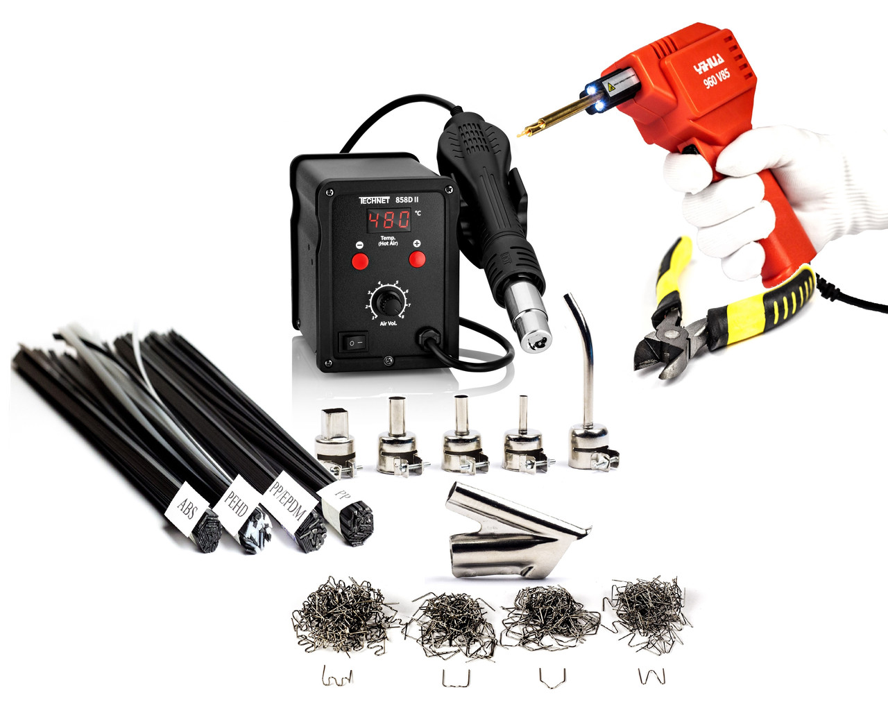 Паяльник для пластику 858D-II + Гарячий степлер 85 Вт., скоби, насадки, пластик