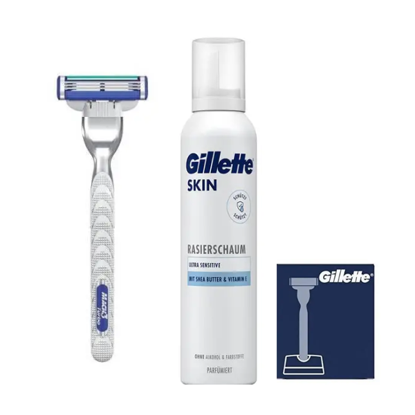 Станок для гоління Gillette Mach3 Turbo (1 картридж) + Оригінальна підставка + Gillette Skin Ultra Sensitive Піна для гоління