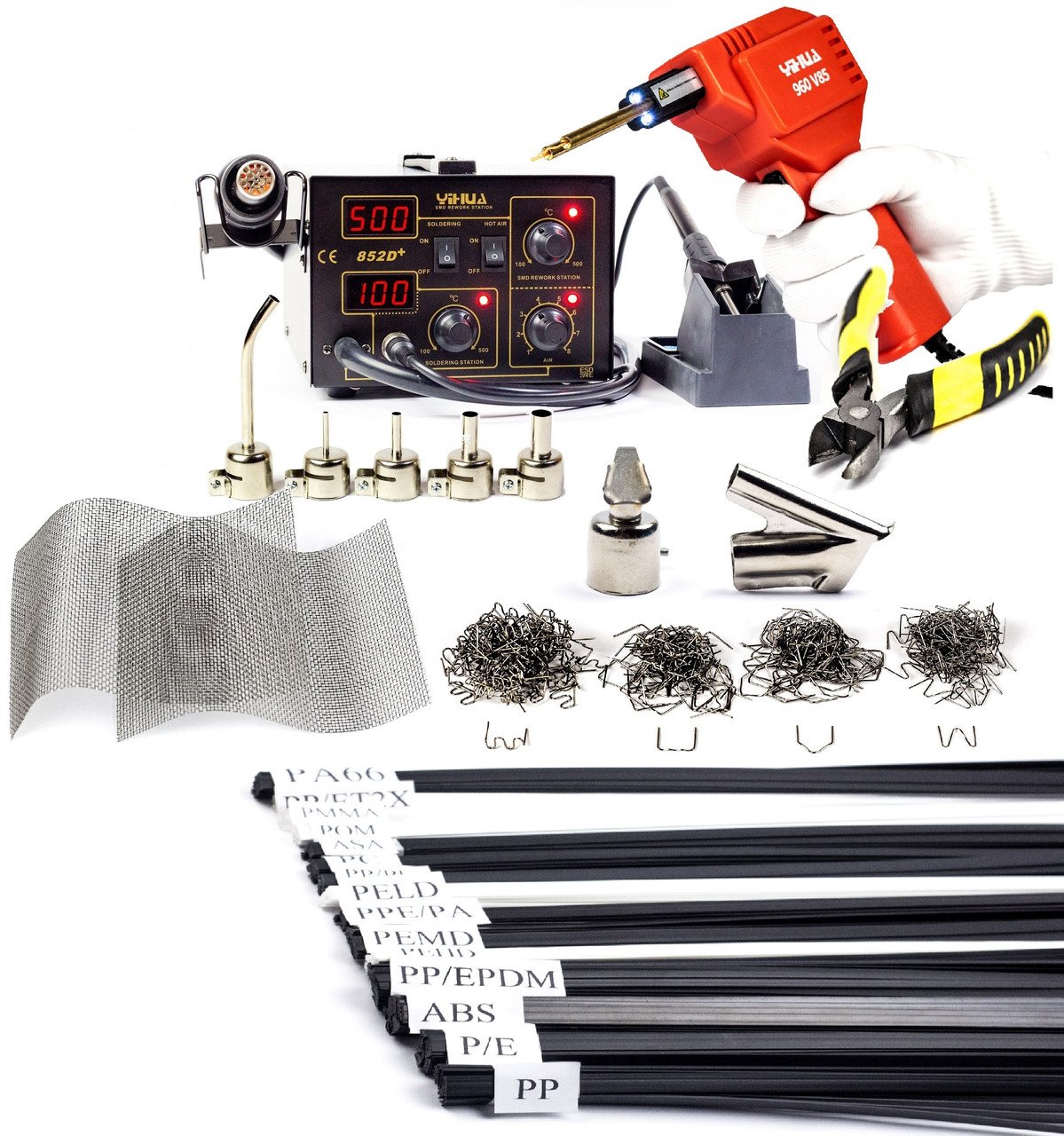 Паяльна станція 852D+ з гарячим степлером 85 Вт., скоби, насадки, пластик, фото 1