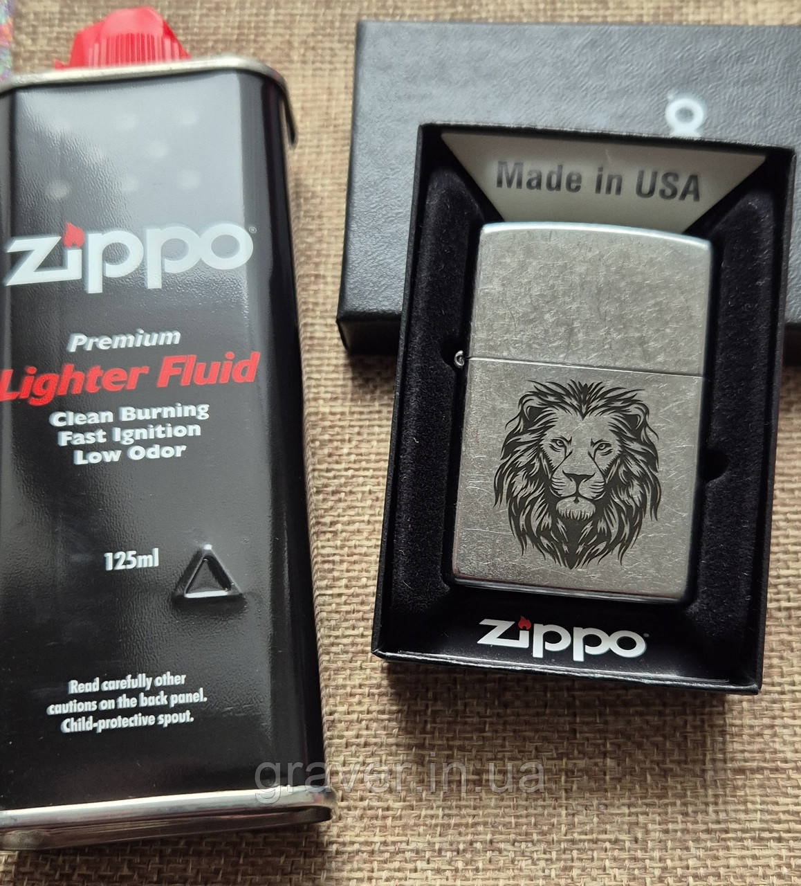 Комплект Зиппо: Бензин Zippo 125мл + Запальничка Zippo 207 (США) + гравірування голови льва 🎁 Ідеальний подарунок для Лева