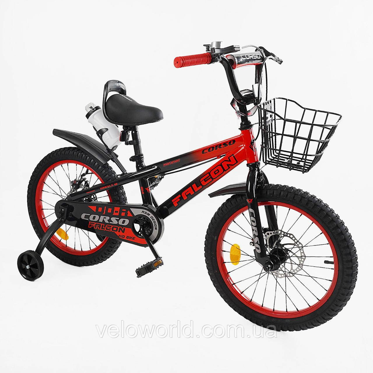 Дитячий двоколісний велосипед Corso Falcon 18" дюймів FL-18214 (1) сталь, дискові гальма, кошик, зібраний на 85%