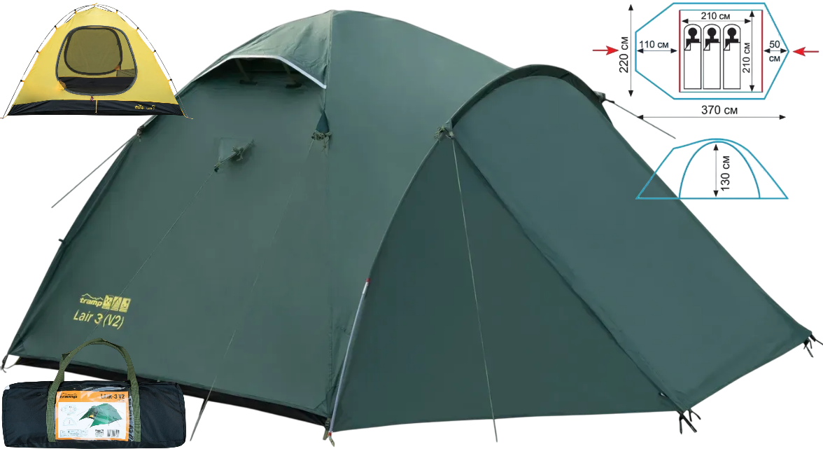 Тримісний намет Tramp Lair 3 v2 Green | Універсальна двошарова палатка з двома тамбурами і двома входами для туризму та кемпінгу