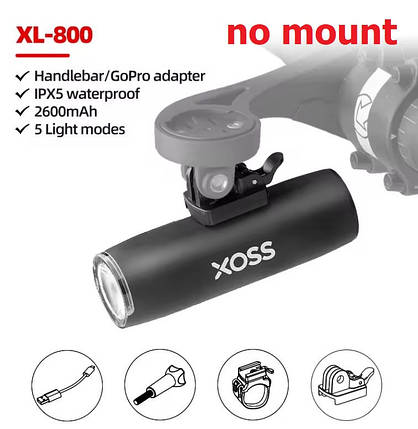 Передній велоліхтар XOSS XL800 (800 Lumen, 2600 mAh) велофара алюміній від USB type-c, фото 1