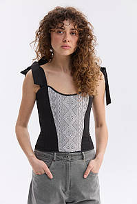 Орнаментований жіночий топ зі шнурівкою сірий