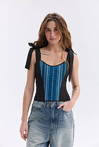Орнаментований жіночий топ зі шнурівкою синій