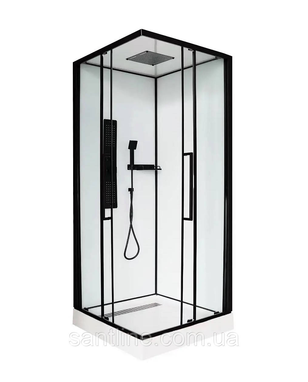 Душовий бокс 90х90х210 см INSANA Kira низький квадратний піддон розсувні двері чорний профіль, фото 1
