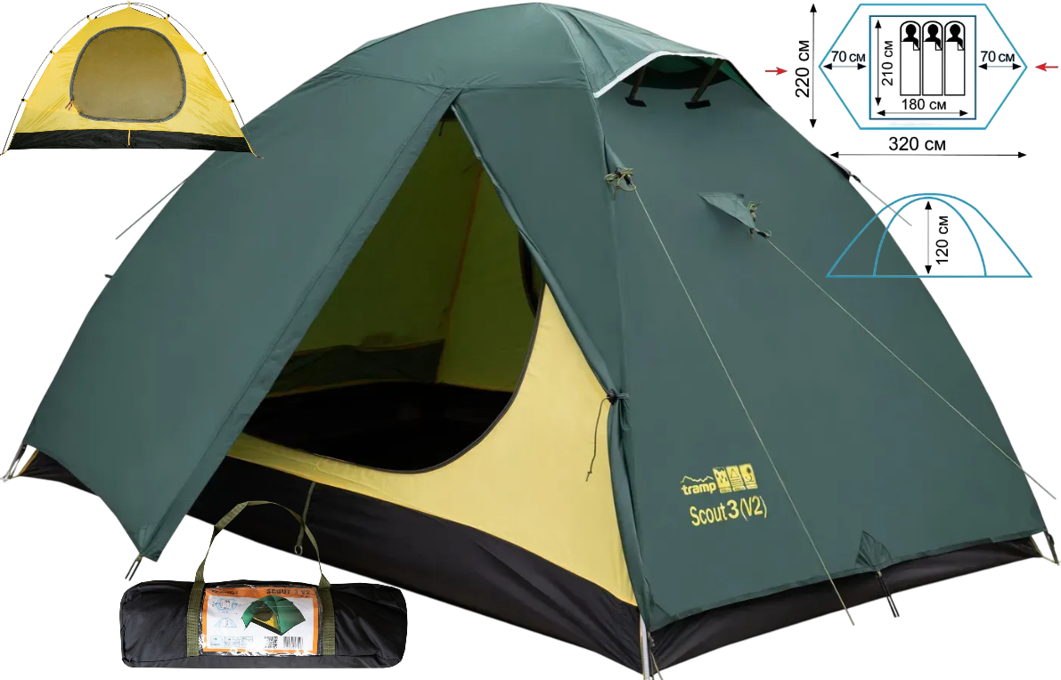 Тримісний намет Tramp Scout 3 v2 Green | Універсальна двошарова палатка з двома тамбурами і двома входами для туризму та кемпінгу