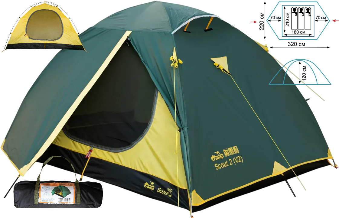 Тримісний намет Tramp Scout 3 v2 | Універсальна двошарова палатка з двома тамбурами і двома входами для туризму та кемпінгу