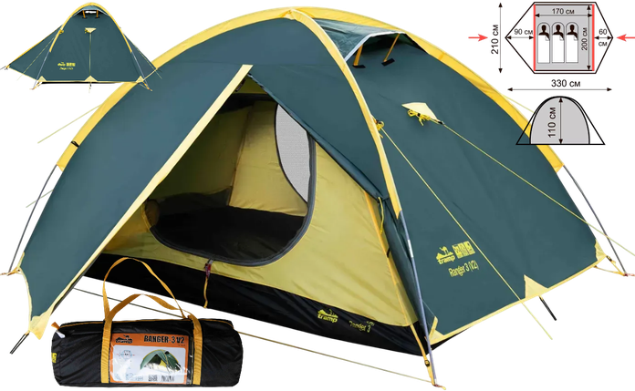 Тримісний намет Tramp Ranger 3 v2 | Універсальна двошарова палатка з зовнішнім каркасом, двома тамбурами і двома входами, фото 1
