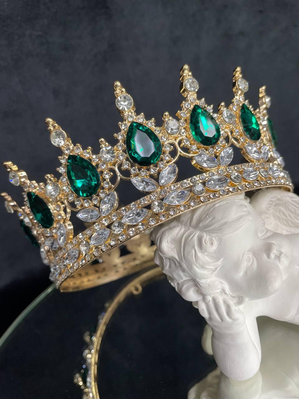 Корона із зеленим камінням Swarovski Золото 12.5х5.5 см Стильна корона для нареченої Корона із зеленими стразами, фото 1