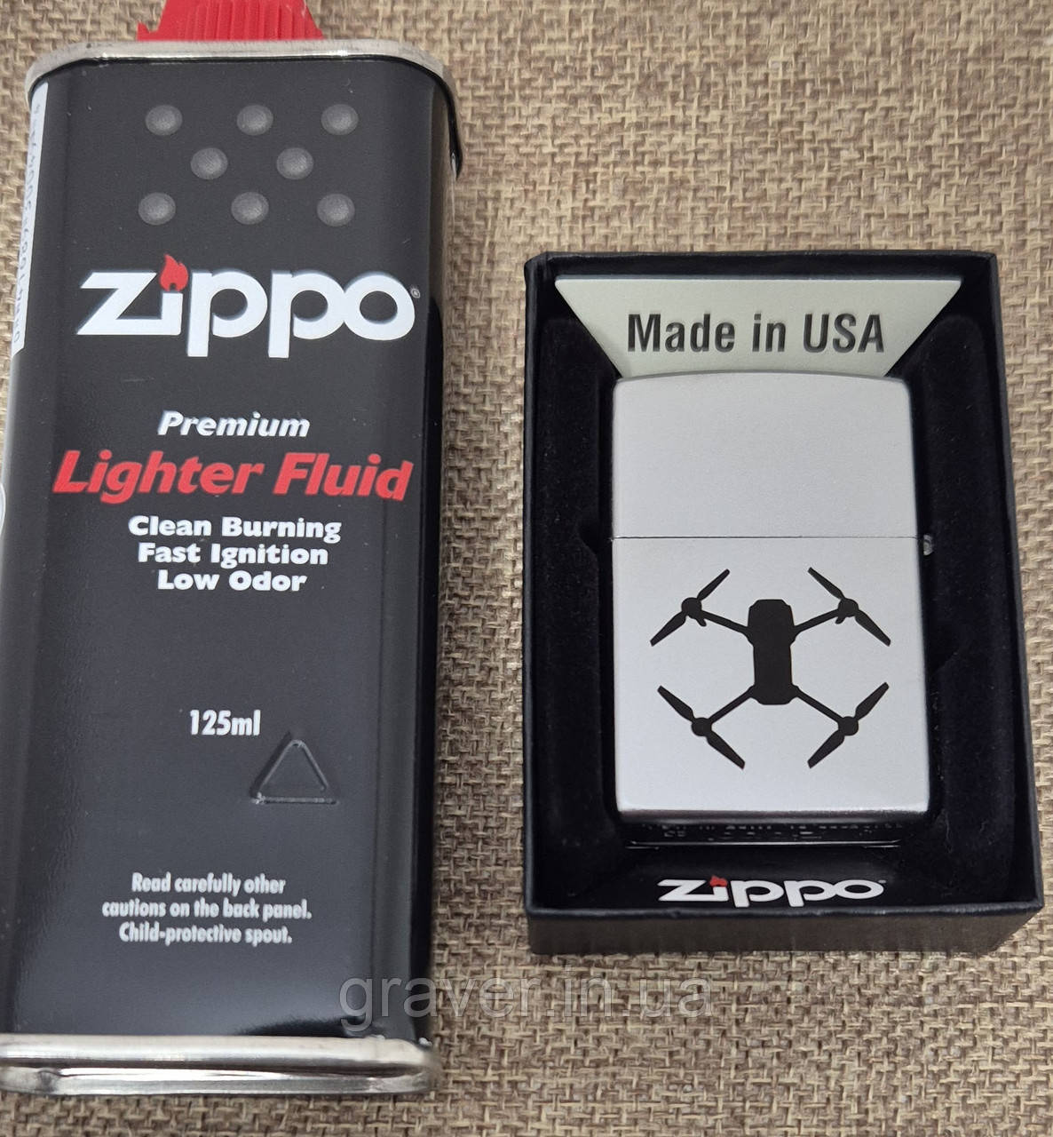Подарунковий Комплект Зиппо: Бензин + Запальничка Zippo 205 з гравіюванням для операторів FPV-дронів ЗСУ, фото 1