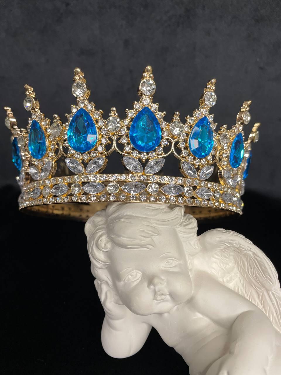 Корона з бірюзовим камінням Swarovski Золото 12.5х5.5 см Весільна корона з камінням, фото 1