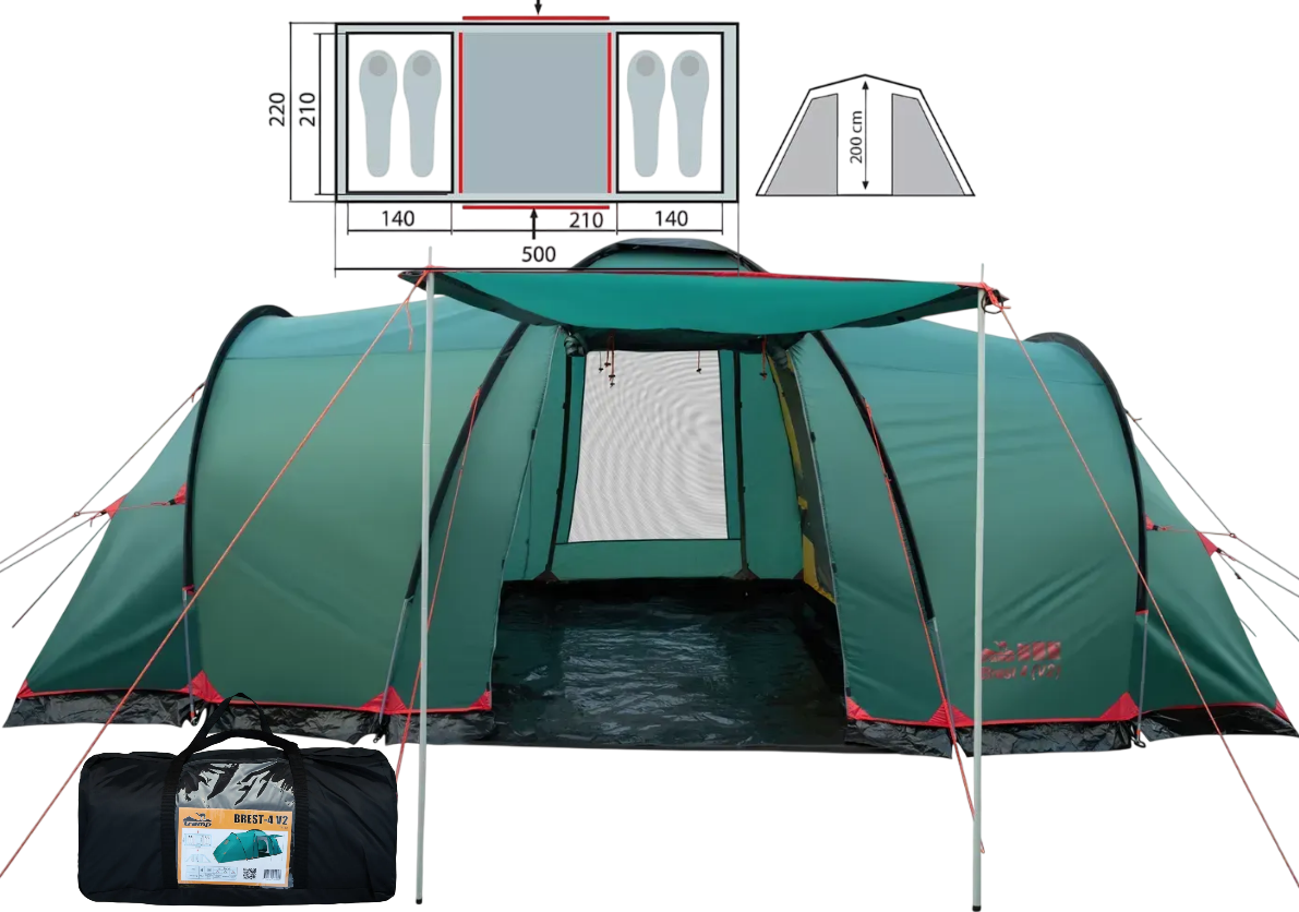 Чотиримісний намет Tramp Brest 4 v2 | Сімейна двокімнатна кемпінгова палатка з великим тамбуром на 2 входи