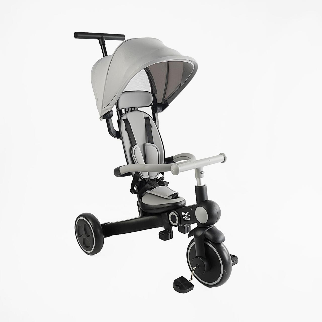 Триколісний велосипед-трансформер 4в1 з капюшоном та батьк. ручкою Best Trike, сірий 12-411