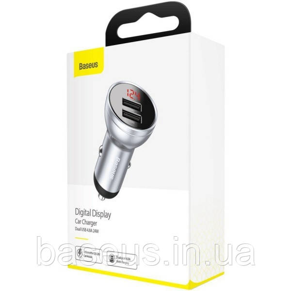 Автомобільний зарядний пристрій Baseus Digital Display Dual USB 4.8A Car Charger 24W, Silver