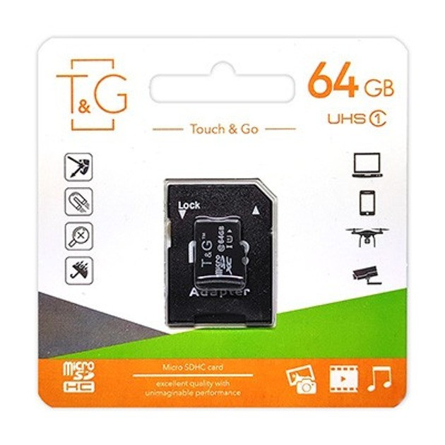 Картка пам'яті 64GB T&G MicroSDXC, для фото та відео з SD-адаптером, фото 1