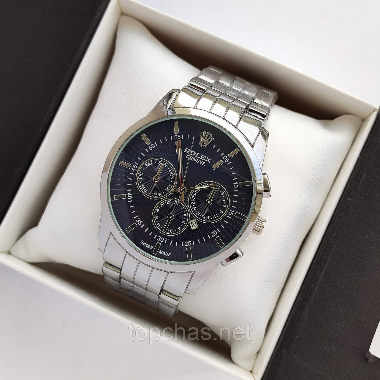 Чоловічий наручний годинник Rolex (ролекс) срібло з чорним циферблатом, блакитне скло - код 2197b