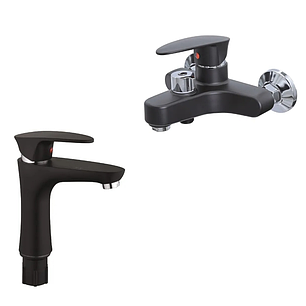 Набір змішувачів кран для ванни Plamix CEZAR-009 EURO SET Matte black + кран для умивальника Plamix CEZAR-001, фото 1