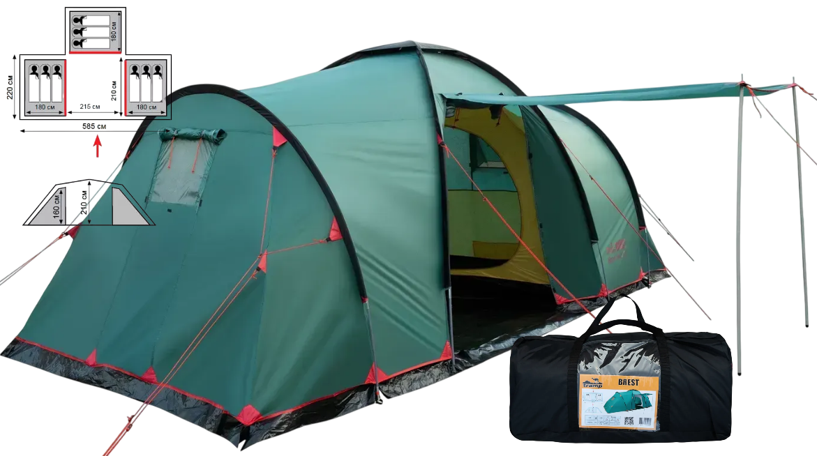 Дев'ятимісний намет Tramp Brest 9 v2 | Сімейна трикімнатна кемпінгова палатка з великим тамбуром