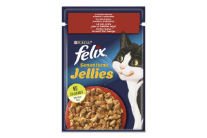 Корм консервований для дорослих котів Jellies Sensations Felix з яловичиною в желе з томатами, 85г