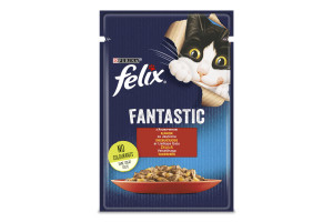 Корм консервований повнораційний для дорослих котів Fantastic Felix з яловичиною в желе, 85г