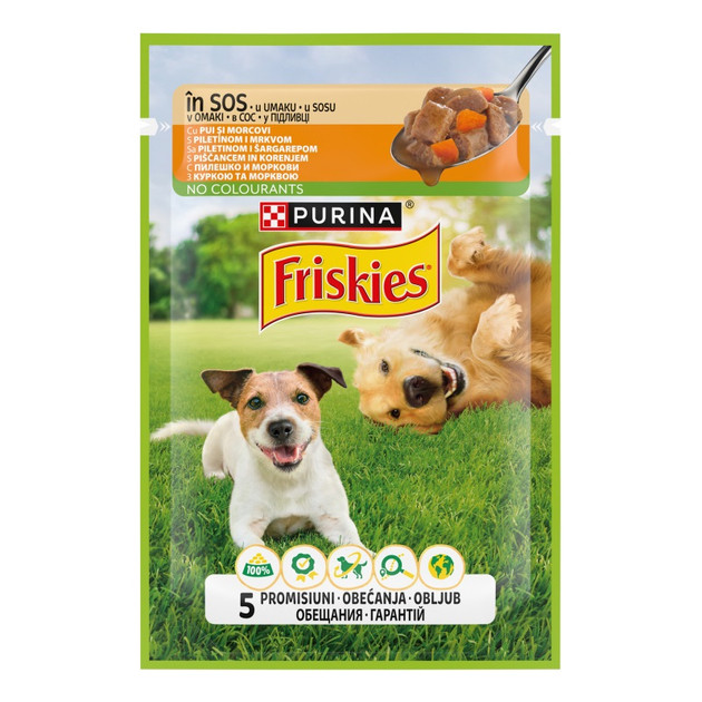 Корм консервований повнораційний для дорослих собак Purina Friskies з куркою та морквою в підливі, 85г